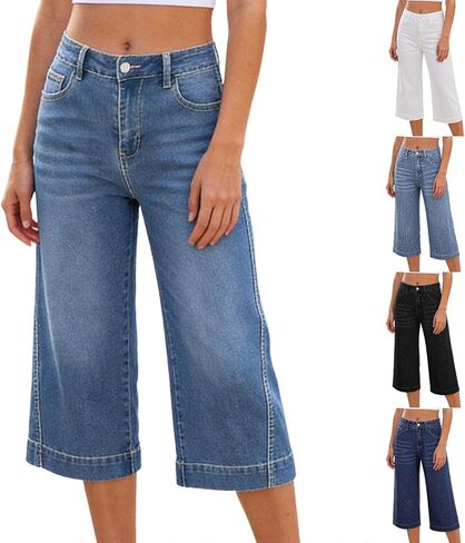 Aniywn Baggy Jeans for Women with Pockets Wide Leg High Waisted Denim Capris Pants Casual Relaxed Fit Summer Cropped Pants in Saudi Arabia