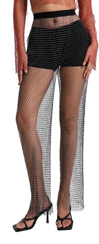 LINYUCHEN Women Mesh Fishnet Pants Black Rhinestone Leggings Sparkly Crystal Cover Up Hollow Out Sexy Bikini Bottoms in Saudi Arabia