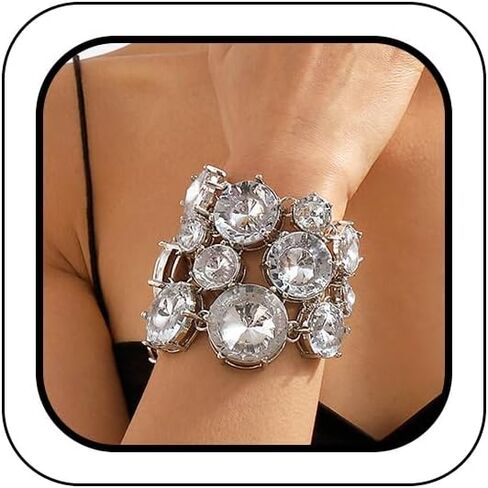 Big Round Rhinestone Bracelet for Women Funky Bling Chunky Acrylic Crystal Silver Cuff Bangles Statement Sparkly Party Prom Accessories Jewelry Gifts in Saudi Arabia