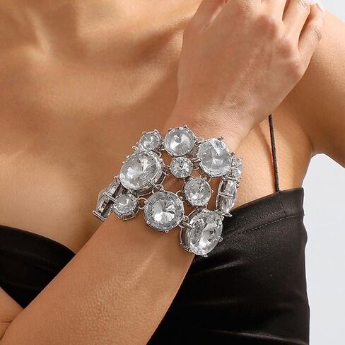 Big Round Rhinestone Bracelet for Women Funky Bling Chunky Acrylic Crystal Silver Cuff Bangles Statement Sparkly Party Prom Accessories Jewelry Gifts in Saudi Arabia