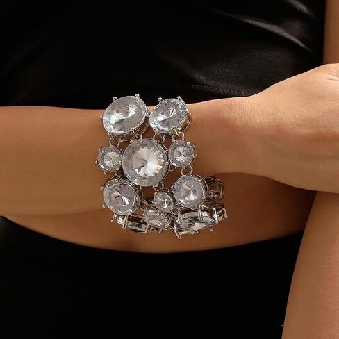 Big Round Rhinestone Bracelet for Women Funky Bling Chunky Acrylic Crystal Silver Cuff Bangles Statement Sparkly Party Prom Accessories Jewelry Gifts in Saudi Arabia