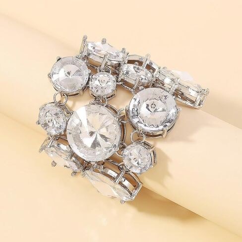 Big Round Rhinestone Bracelet for Women Funky Bling Chunky Acrylic Crystal Silver Cuff Bangles Statement Sparkly Party Prom Accessories Jewelry Gifts in Saudi Arabia