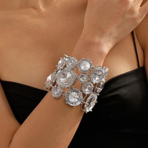 Big Round Rhinestone Bracelet for Women Funky Bling Chunky Acrylic Crystal Silver Cuff Bangles Statement Sparkly Party Prom Accessories Jewelry Gifts in Saudi Arabia