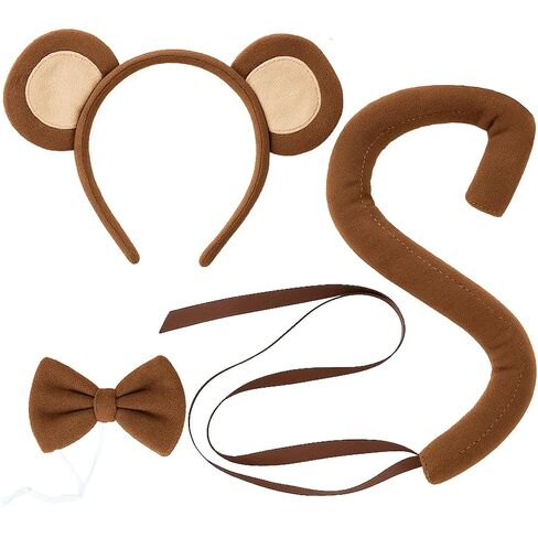 3 Pack Monkey Ears Headband Bow Tie and Tail Set, Brown Plush Animal Cosplay Costume Accessories with Adjustable Ears and Tail for Kids and Adults, Jungle Party Supplies, Halloween, Dress-Up in Kuwait