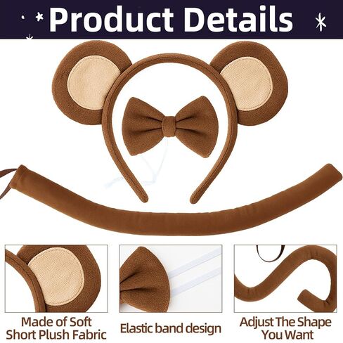 3 Pack Monkey Ears Headband Bow Tie and Tail Set, Brown Plush Animal Cosplay Costume Accessories with Adjustable Ears and Tail for Kids and Adults, Jungle Party Supplies, Halloween, Dress-Up in Kuwait