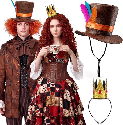 Wonderland Tea Party Brown Top Hat with Feather Heart Crown Headband Queen Accessories for Woman Man Tea Party Hat Cosplay Costume Outfit in Kuwait