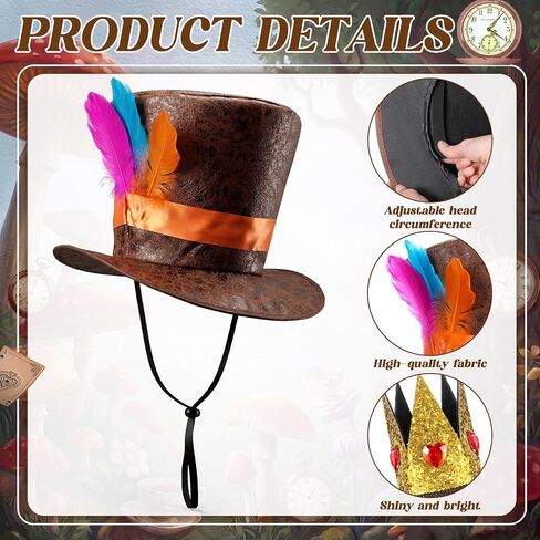Wonderland Tea Party Brown Top Hat with Feather Heart Crown Headband Queen Accessories for Woman Man Tea Party Hat Cosplay Costume Outfit in Kuwait