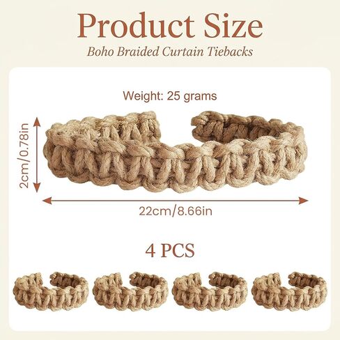 4 Pack Boho Rustic Braided Curtain Tiebacks & Holdbacks Handmade Light Weight Burlap Rope Curtain Ties for Light Weight Drapes,Decorative Curtain Accessories for Home Office Bedroom Outdoor Window in Saudi Arabia