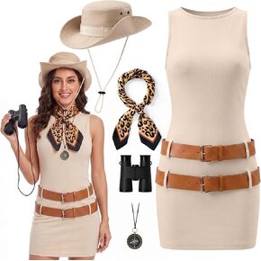 Twistover 5 Pcs Women Safari Costume Hiking Hat Leopard Scarf Compass Black Binoculars Sleeveless Skirt for Halloween Cosplay in Saudi Arabia