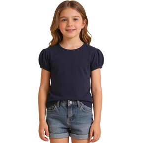 Girls Short Puff Sleeve T-Shirt Toddler Summer Basic Round Neck Cotton Tops Kids Fashion Tee Blouse for 2T-12 Years in Saudi Arabia