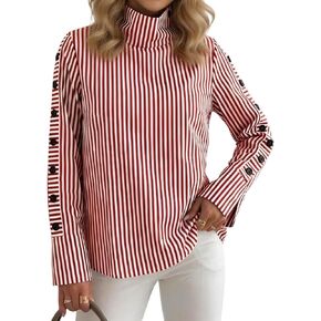 XNC Womens Long Sleeve Shirts High Neck Blue Striped Casual Pullover Tops Button Stretch Blouse 2026 Spring Fashion Outfits in Saudi Arabia