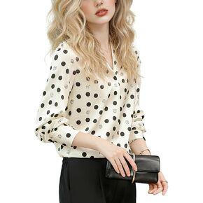 Womens Polka Dot Silk Blouse Elegant V Neck Loose Shirt Long Sleeve Business Casual Tops in Saudi Arabia