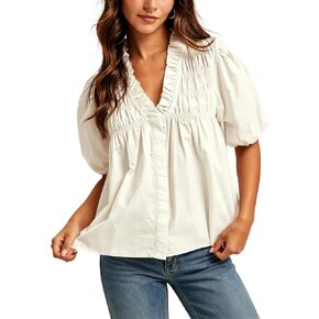 Esmeling Women Puff Short Sleeve Blouse Ruffle V Neck Smocked Top Loose Fit Flowy Summer Shirt in Saudi Arabia