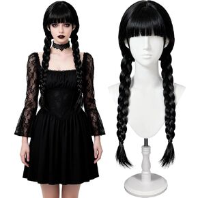 Women's Gothic Black Braided Wig with Bangs - Long Straight Twin Ponytail Synthetic Fiber Wig for Halloween & Party Costumes in Saudi Arabia