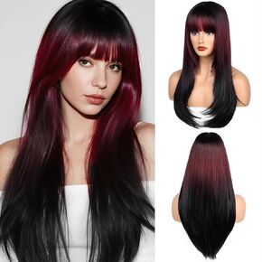 Ombre Wig with Bangs Long Straight Wig for Women, Layered Heat Resistant Synthetic Fiber, 26 Inch for Daily and Party Use (Ombre Black Red) in Saudi Arabia