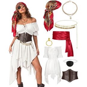 8 Pcs Pirate Costume Women Renaissance Dress Set, Medieval Pirate Outfit for Women with Corset Belt and Accessories in Saudi Arabia