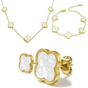 Clover Jewelry Set for Women 18K Gold Plated Four Leaf Stud Earring Necklace and Bracelet Set Stainless Steel Adjustable Link Chain Lucky Simple Jewelry Gift for Women 3Pcs in Saudi Arabia