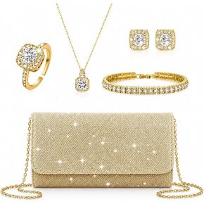 5 Pcs Rhinestone Jewelry Set for Women, Bling Crystal Clutch Purse Necklace Bracelet Earrings & Ring, Elegant Bridal Wedding Accessory Set for Bridesmaids Prom Evening Party in Saudi Arabia