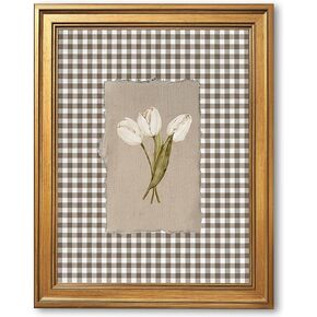 Gold Framed White Tulips Vintage Floral Wall Art Painting Brown Gingham Botanical Print Rustic Farmhouse Flower Picture Poster Neutral Cottagecore Canvas Artwork Aesthetic Country Home Decor 8x10inch in Saudi Arabia
