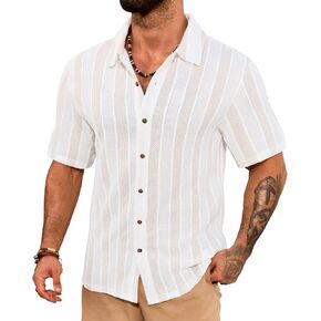 Men Striped Shirts Vintage Color Block Button Down Hollow Out Crochet Top (S-XXL) in Saudi Arabia