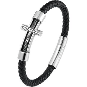 Mens Braided Leather Bracelets Handmade Cuff Bracelet Multi-Layer Cross Music Faith Gifts for Men in Saudi Arabia