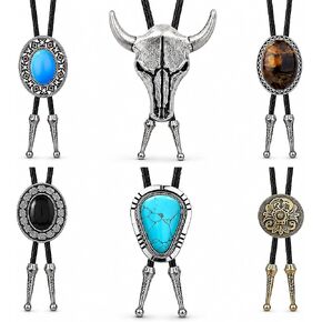 AOzT 6 Pcs Western Bolo Ties for Men - Cowboy Leather Bolo Tie Set with Vintage Bull Skull Turquoise Style Pendants, Adjustable Necktie Accessories for Men Women in Saudi Arabia