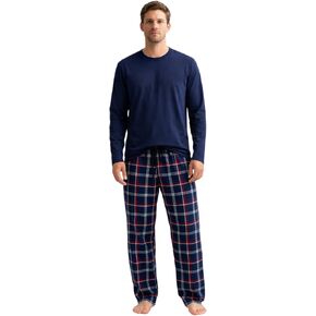 Men’s Cotton Pajama Set Long Sleeve T-Shirt & Plaid Pants Sleepwear Loungewear Drawstring Waist Pockets Button Fly in Saudi Arabia
