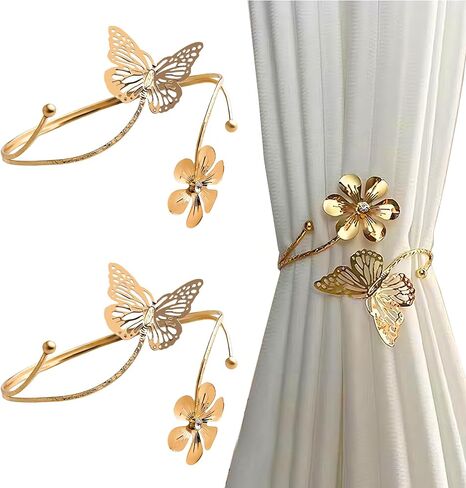 2 Pcs Gold Curtain Tiebacks, Butterfly Flower Drapery Holdbacks, Decorative Modern Window Curtain Clips for Farmhouse & Cottagecore Bedroom, Living Room, and Hotel Decorations in Saudi Arabia