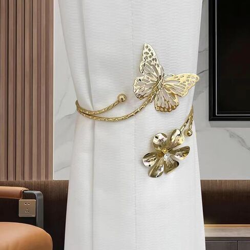 2 Pcs Gold Curtain Tiebacks, Butterfly Flower Drapery Holdbacks, Decorative Modern Window Curtain Clips for Farmhouse & Cottagecore Bedroom, Living Room, and Hotel Decorations in Saudi Arabia