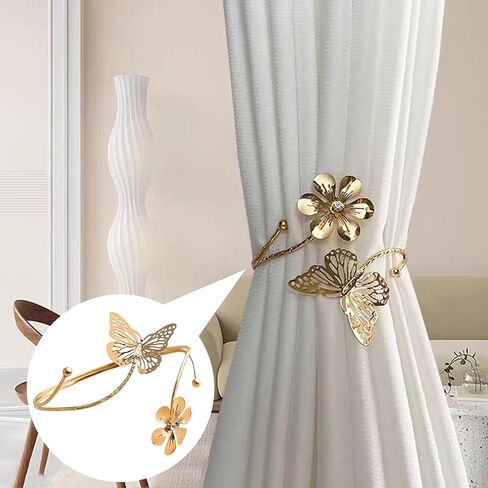 2 Pcs Gold Curtain Tiebacks, Butterfly Flower Drapery Holdbacks, Decorative Modern Window Curtain Clips for Farmhouse & Cottagecore Bedroom, Living Room, and Hotel Decorations in Saudi Arabia