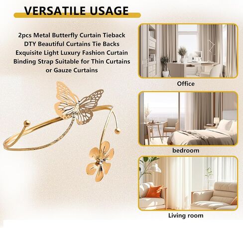 2 Pcs Gold Curtain Tiebacks, Butterfly Flower Drapery Holdbacks, Decorative Modern Window Curtain Clips for Farmhouse & Cottagecore Bedroom, Living Room, and Hotel Decorations in Saudi Arabia