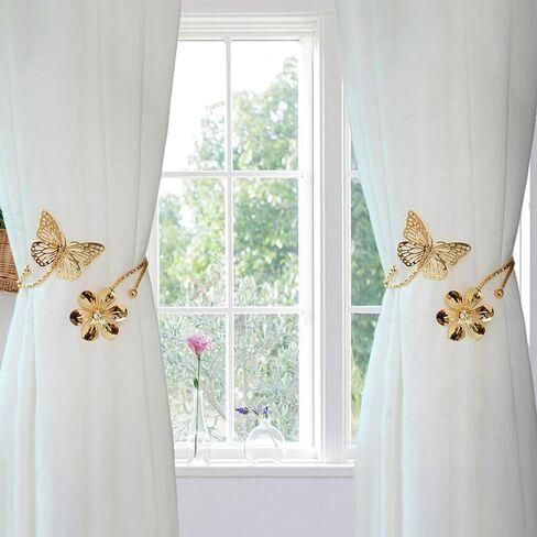 2 Pcs Gold Curtain Tiebacks, Butterfly Flower Drapery Holdbacks, Decorative Modern Window Curtain Clips for Farmhouse & Cottagecore Bedroom, Living Room, and Hotel Decorations in Saudi Arabia