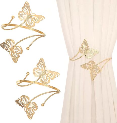 2 Pcs Gold Curtain Tiebacks, Butterfly Flower Drapery Holdbacks, Decorative Modern Window Curtain Clips for Farmhouse & Cottagecore Bedroom, Living Room, and Hotel Decorations in Saudi Arabia