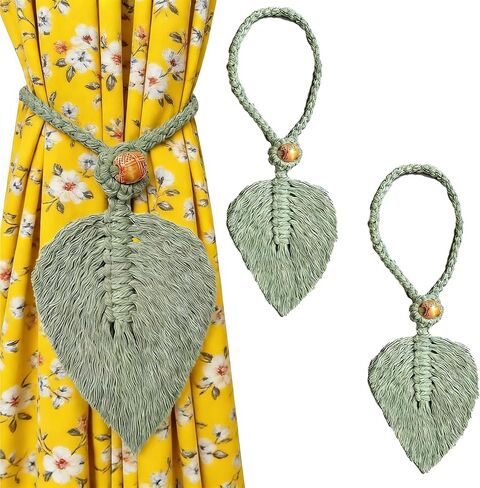 2 Pack Boho Curtain Tiebacks, Handmade Cotton Rope Curtain Holdbacks with Natural Wooden Beads, Adjustable No Drill Drapery Ties for Farmhouse Living Room Bedroom Decor (Green) in Saudi Arabia