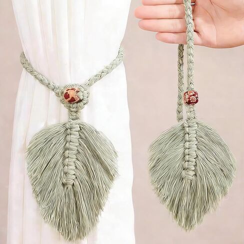 2 Pack Boho Curtain Tiebacks, Handmade Cotton Rope Curtain Holdbacks with Natural Wooden Beads, Adjustable No Drill Drapery Ties for Farmhouse Living Room Bedroom Decor (Green) in Saudi Arabia