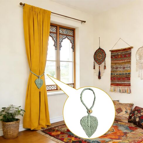 2 Pack Boho Curtain Tiebacks, Handmade Cotton Rope Curtain Holdbacks with Natural Wooden Beads, Adjustable No Drill Drapery Ties for Farmhouse Living Room Bedroom Decor (Green) in Saudi Arabia
