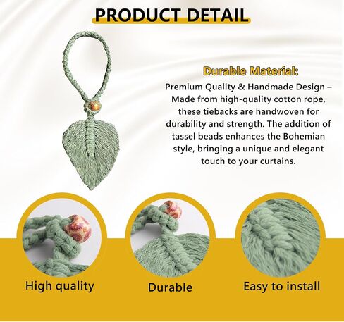 2 Pack Boho Curtain Tiebacks, Handmade Cotton Rope Curtain Holdbacks with Natural Wooden Beads, Adjustable No Drill Drapery Ties for Farmhouse Living Room Bedroom Decor (Green) in Saudi Arabia