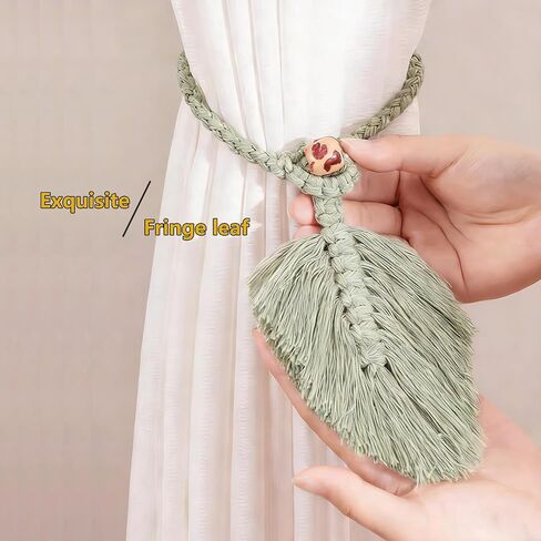 2 Pack Boho Curtain Tiebacks, Handmade Cotton Rope Curtain Holdbacks with Natural Wooden Beads, Adjustable No Drill Drapery Ties for Farmhouse Living Room Bedroom Decor (Green) in Saudi Arabia