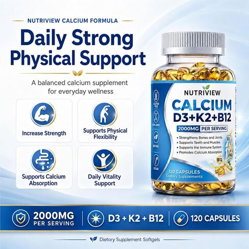 Nutriview Calcio D3 K2 B12 Softgels, 2000mg Suplemento De Calcio with Calcium & Glucosamina, Boost Energy, Support Immune Function, Vegen, 120 Capsules in Saudi Arabia