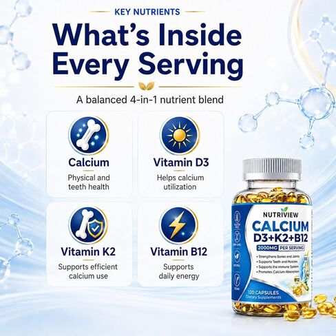 Nutriview Calcio D3 K2 B12 Softgels, 2000mg Suplemento De Calcio with Calcium & Glucosamina, Boost Energy, Support Immune Function, Vegen, 120 Capsules in Saudi Arabia