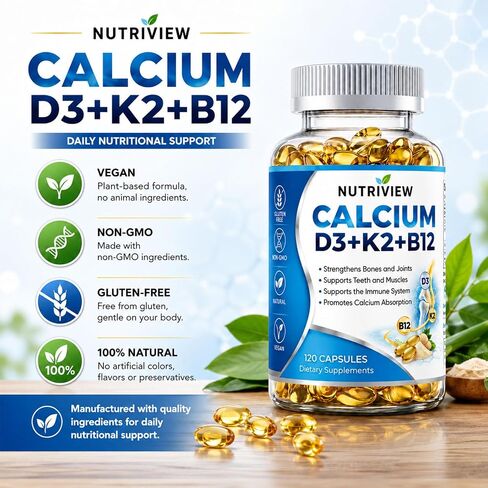 Nutriview Calcio D3 K2 B12 Softgels, 2000mg Suplemento De Calcio with Calcium & Glucosamina, Boost Energy, Support Immune Function, Vegen, 120 Capsules in Saudi Arabia