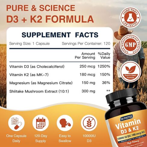 DRFOSTER Vitamin D3 K2, 10000 IU Vitamin D3 Plus 180 mcg of Vitamin K2, Supplements for Adults for Bone & Heart Health Support, 120 Capsules in Saudi Arabia