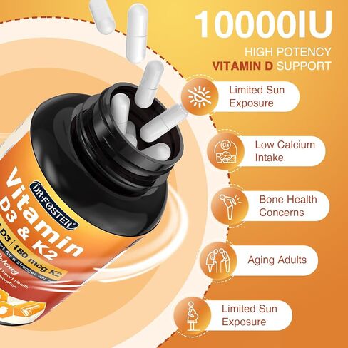 DRFOSTER Vitamin D3 K2, 10000 IU Vitamin D3 Plus 180 mcg of Vitamin K2, Supplements for Adults for Bone & Heart Health Support, 120 Capsules in Saudi Arabia