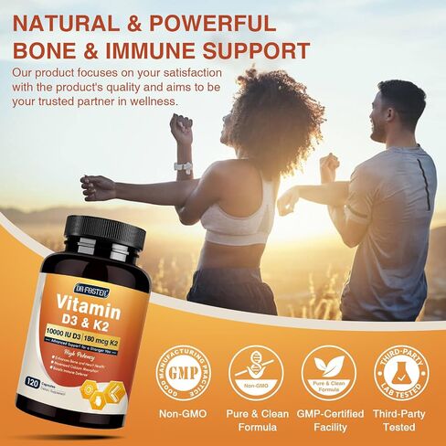 DRFOSTER Vitamin D3 K2, 10000 IU Vitamin D3 Plus 180 mcg of Vitamin K2, Supplements for Adults for Bone & Heart Health Support, 120 Capsules in Saudi Arabia