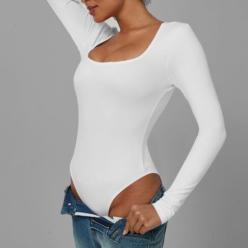 Women's Square Neck Long Sleeve Bodysuit, Double Lined Stretchy Slim Fit Body Suit, Casual Basic Layering Tops in Kuwait