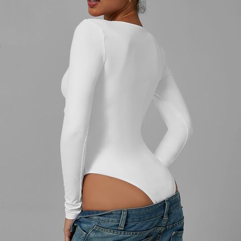 Women's Square Neck Long Sleeve Bodysuit, Double Lined Stretchy Slim Fit Body Suit, Casual Basic Layering Tops in Kuwait
