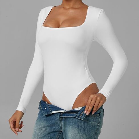 Women's Square Neck Long Sleeve Bodysuit, Double Lined Stretchy Slim Fit Body Suit, Casual Basic Layering Tops in Kuwait