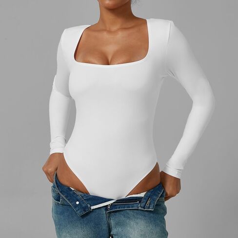 Women's Square Neck Long Sleeve Bodysuit, Double Lined Stretchy Slim Fit Body Suit, Casual Basic Layering Tops in Kuwait