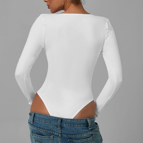 Women's Square Neck Long Sleeve Bodysuit, Double Lined Stretchy Slim Fit Body Suit, Casual Basic Layering Tops in Kuwait