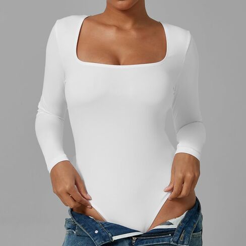 Women's Square Neck Long Sleeve Bodysuit, Double Lined Stretchy Slim Fit Body Suit, Casual Basic Layering Tops in Kuwait